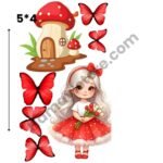 Red Butterfly Girl Mushroom House Heat Transfer Patch 5x4 Waterproof Iron On Patch