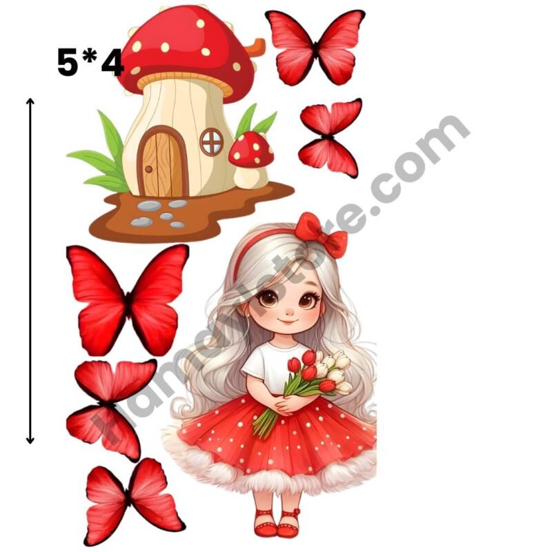 Red Butterfly Girl Mushroom House Heat Transfer Patch 5x4 Waterproof Iron On Patch
