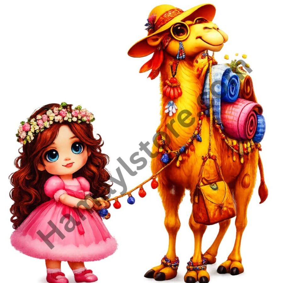 Eid Girl with Camel Patch – Cute Cartoon Bakra Eid Heat Transfer Patch
