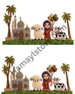 Girl Eid Village Scene Border 22 Inch premium Eid ul Adha heat transfer patch Pakistan
