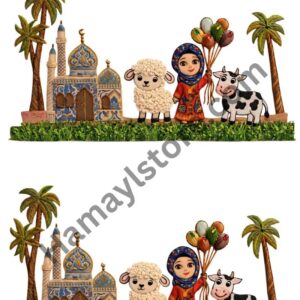 Girl Eid Village Scene Border 22 Inch premium Eid ul Adha heat transfer patch Pakistan