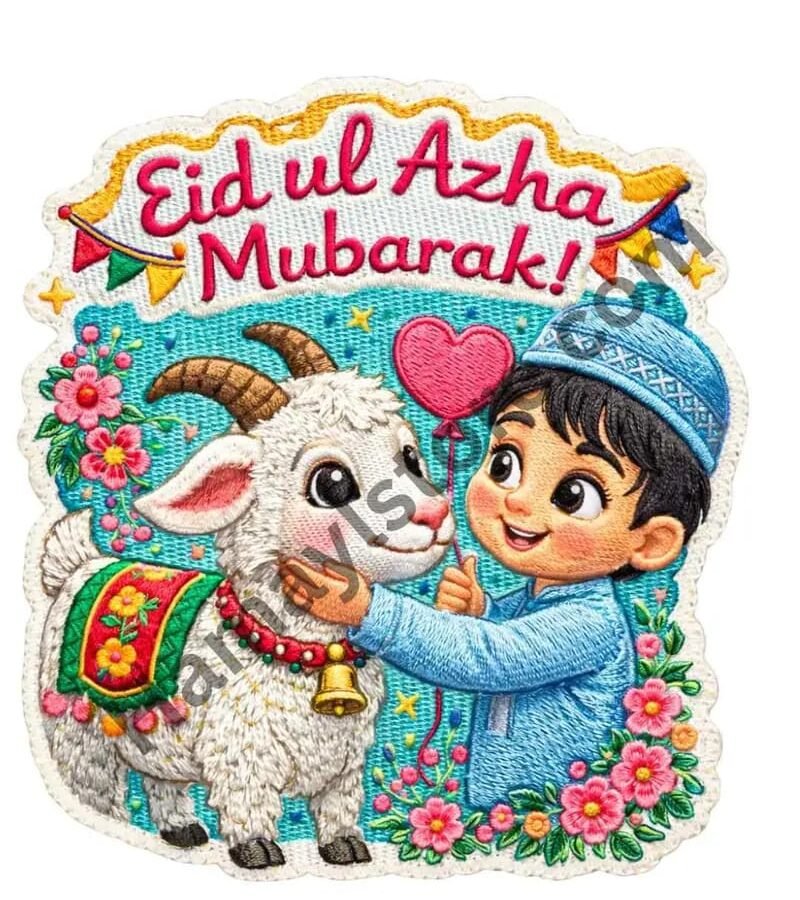 Eid ul Azha Mubarak Boy and Goat Heat Transfer Patch premium kids iron on patch Pakistan
