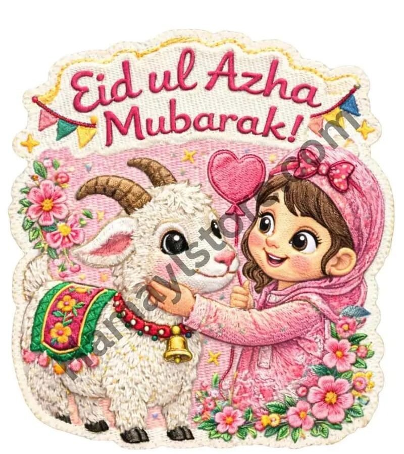 Eid ul Azha Mubarak Girl and Goat Heat Transfer Patch premium kids iron on patch Pakistan