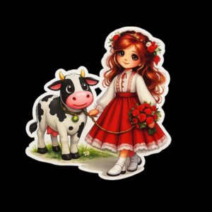 Cute Girl and Cow Heat Transfer Patch premium floral kids iron on patch Pakistan