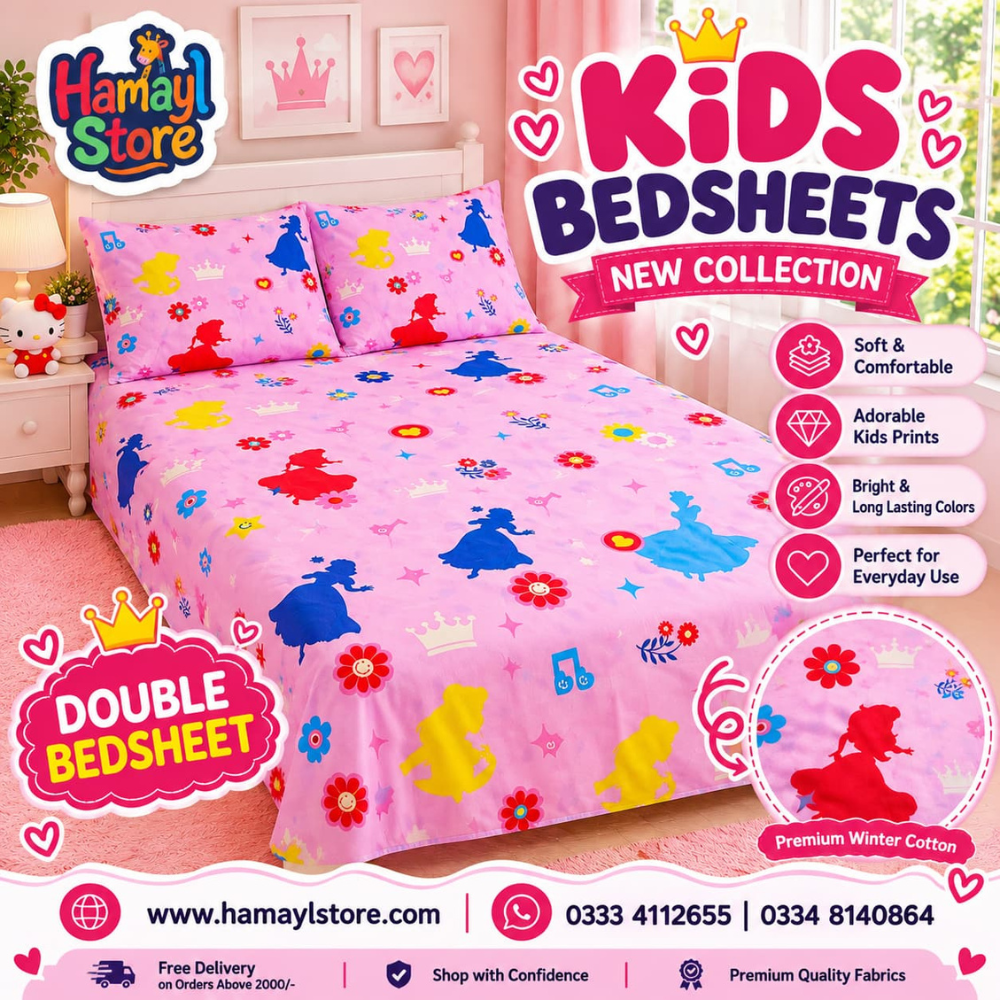 Colorful Princess Kids Double Bedsheet with 2 Pillow Covers – kids bedsheet