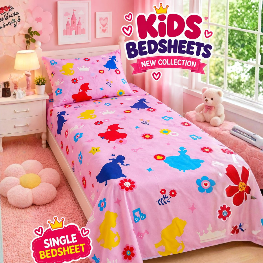 Colorful Princess Kids Single Bedsheet with 1 Pillow Cover – kids bedsheet