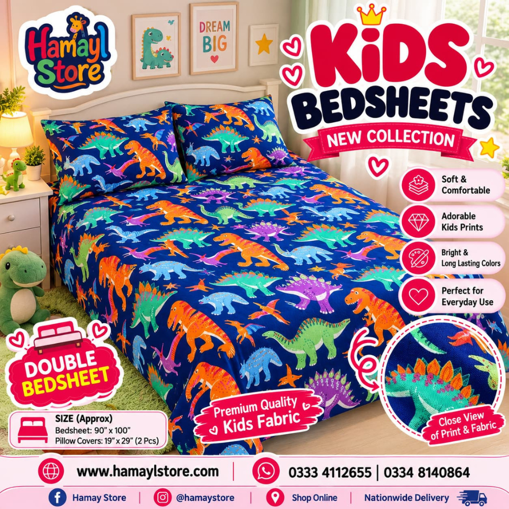 Dinosaur Kids Double Bedsheet with 2 Pillow Covers – kids bedsheet