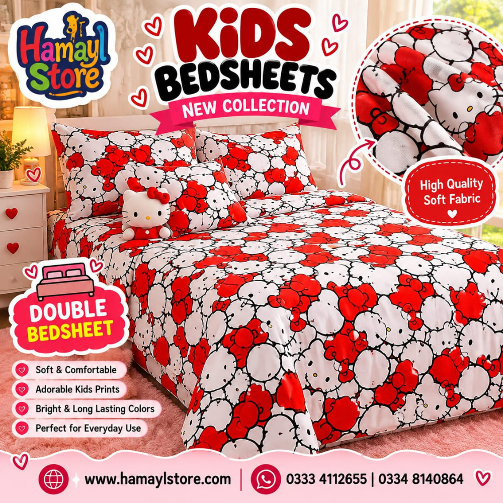Hello Kitty Kids Double Bedsheet with 2 Pillow Covers – kids bedsheet