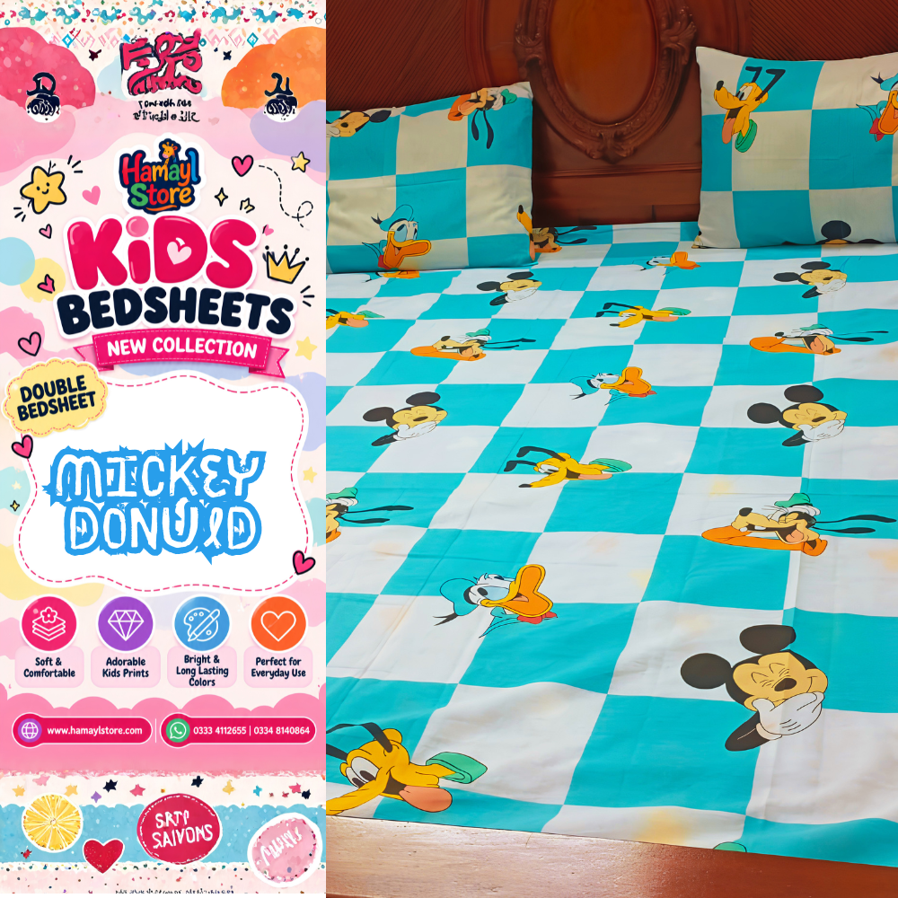 Mickey Donald Kids Double Bedsheet with 2 Pillow Covers – kids bedsheet