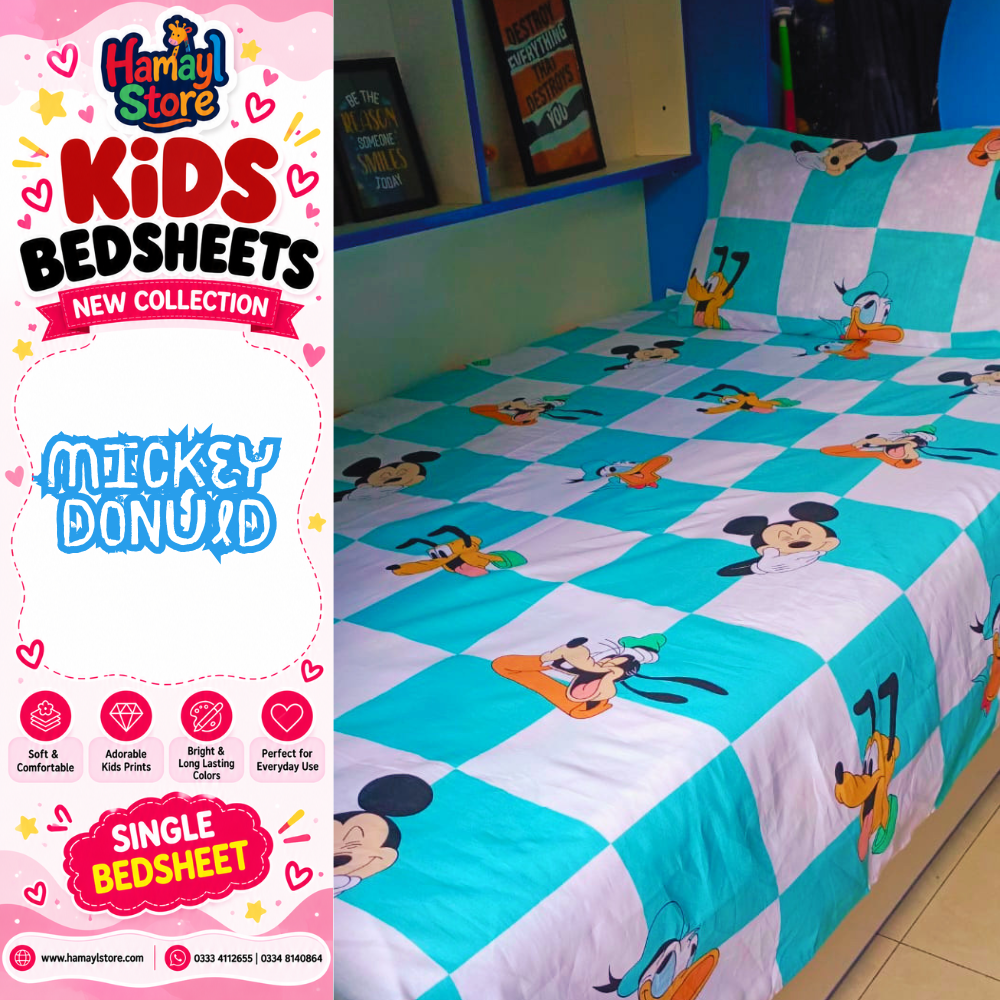 Mickey Donald Kids Single Bedsheet with 1 Pillow Cover – kids bedsheet