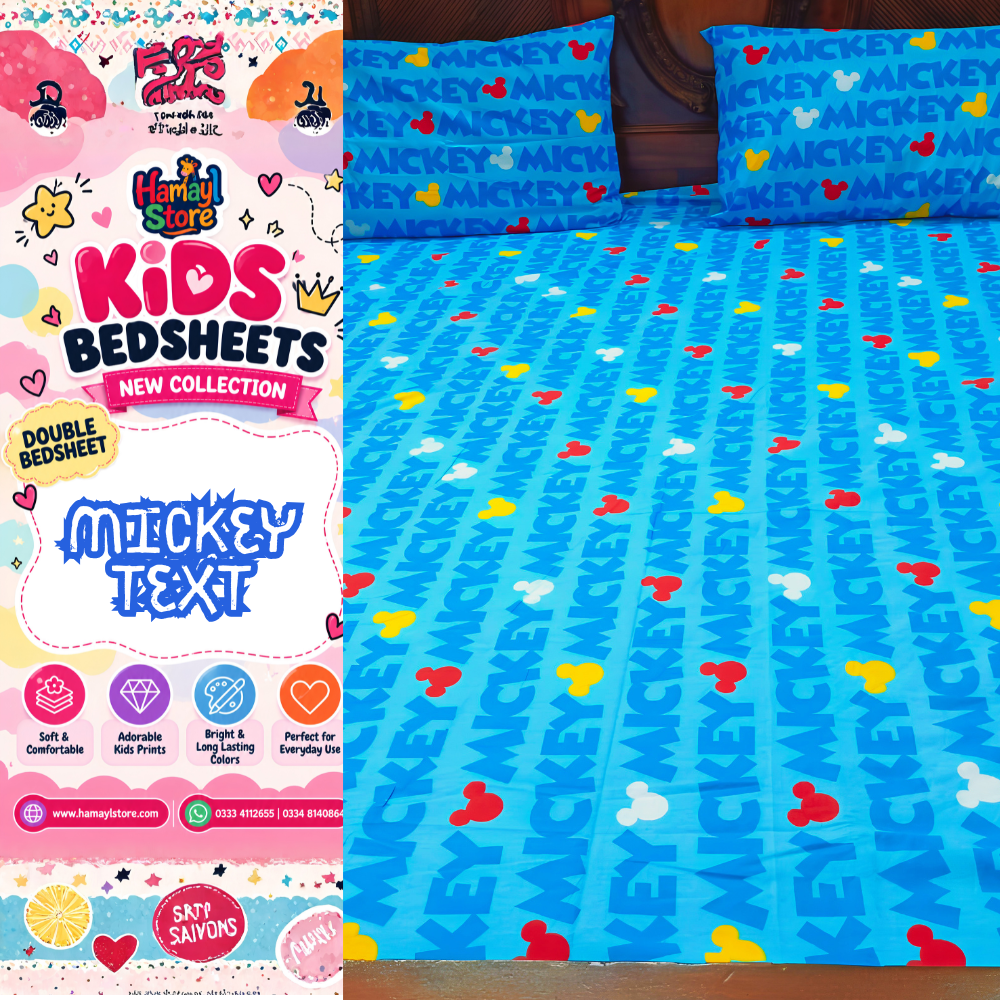 Mickey Text Kids Double Bedsheet with 2 Pillow Covers – kids bedsheet