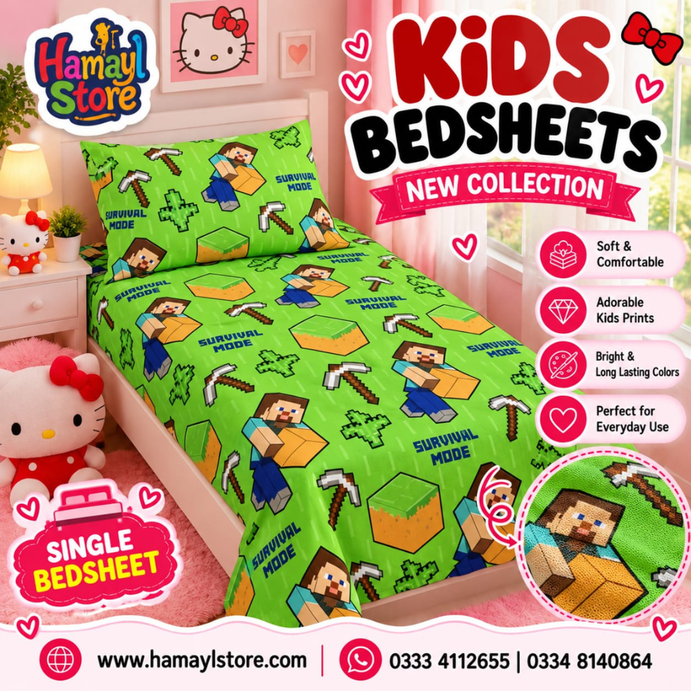 Minecraft Kids Single Bedsheet with 1 Pillow Cover – kids bedsheet