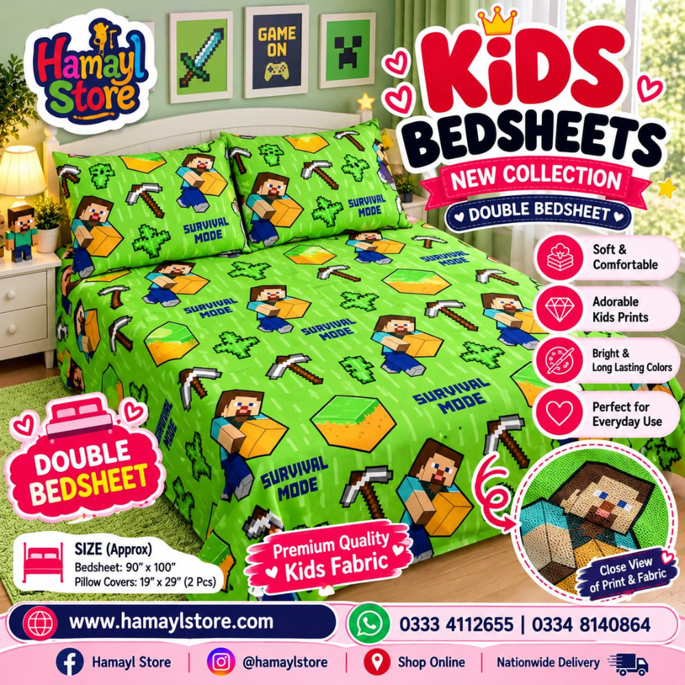 Minecraft Kids Double Bedsheet with 2 Pillow Covers – kids bedsheet