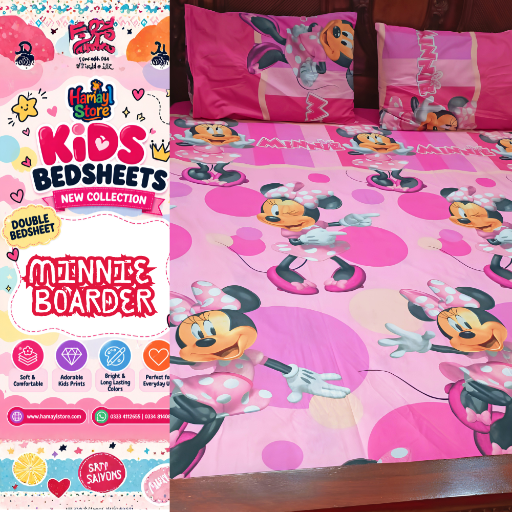 Minnie Border Kids Double Bedsheet with 2 Pillow Covers – kids bedsheet