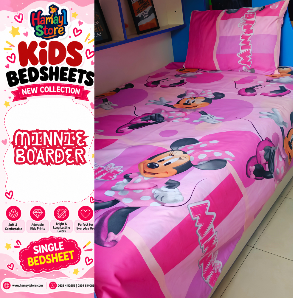 Minnie Border Kids Single Bedsheet with 1 Pillow Cover – kids bedsheet