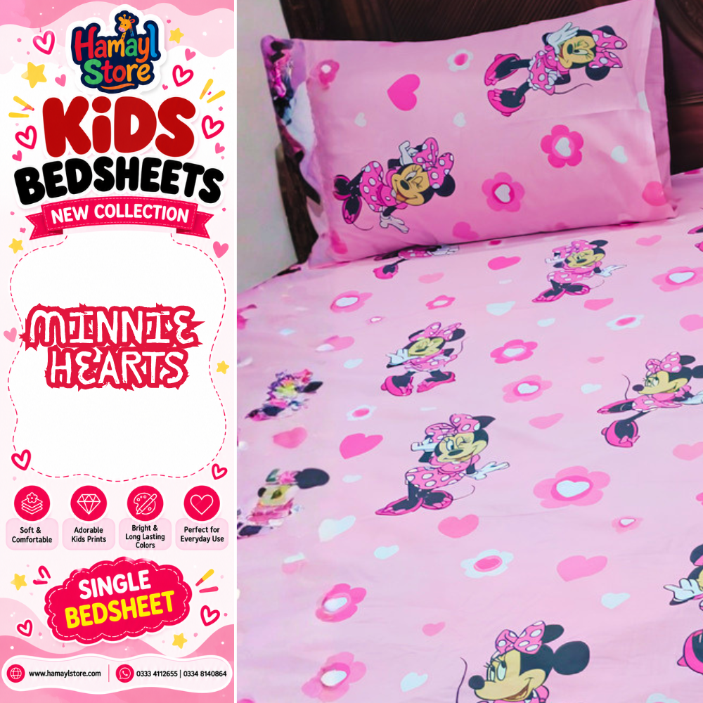 Minnie Hearts Kids Single Bedsheet with 1 Pillow Cover – kids bedsheet