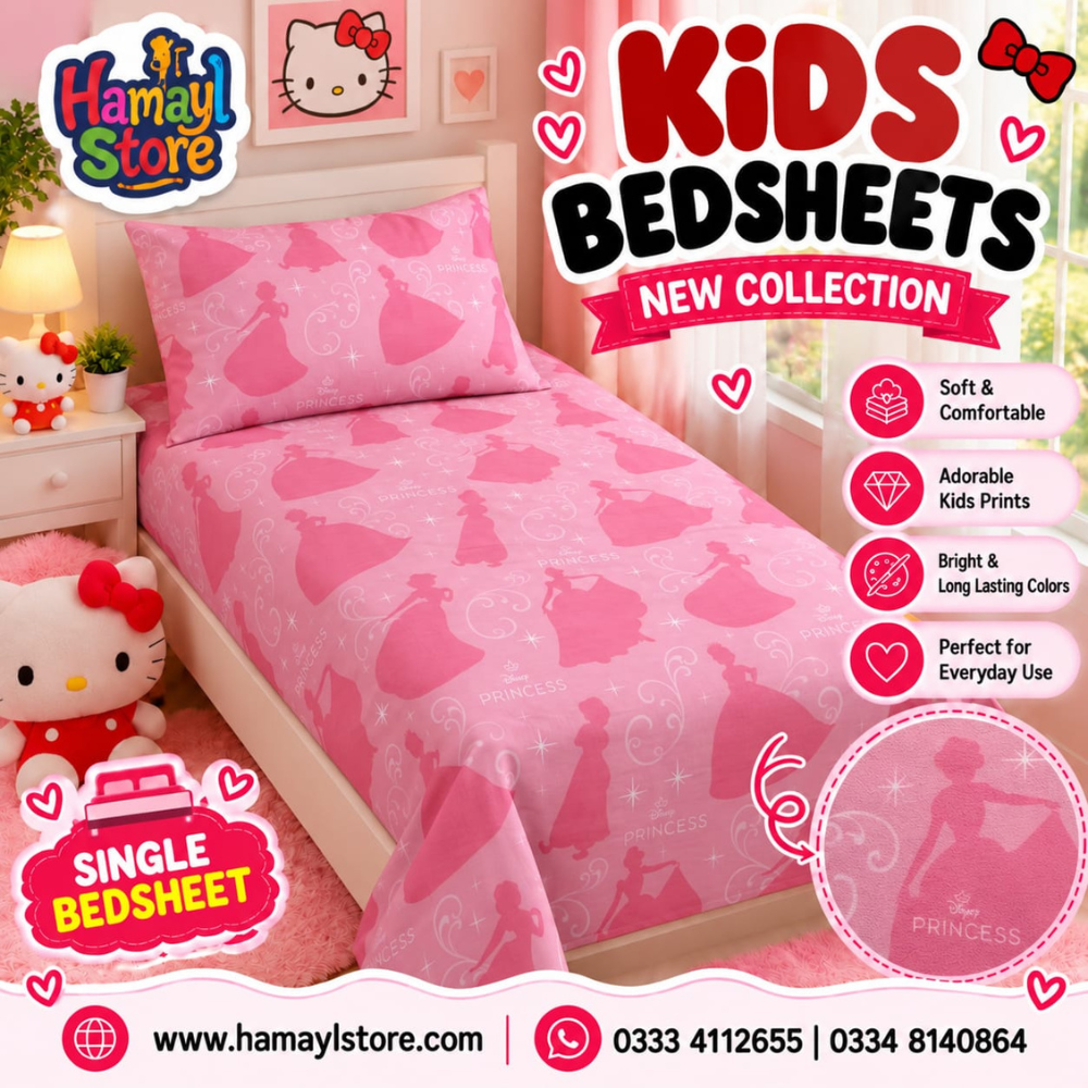 Pink Princess Kids Single Bedsheet with 1 Pillow Cover – kids bedsheet