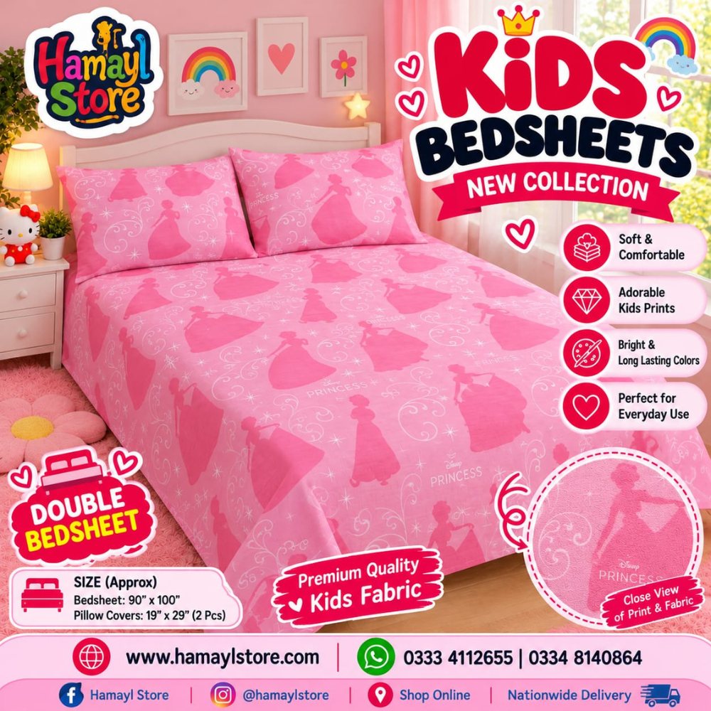 Pink Princess Kids Double Bedsheet with 2 Pillow Covers – kids bedsheet