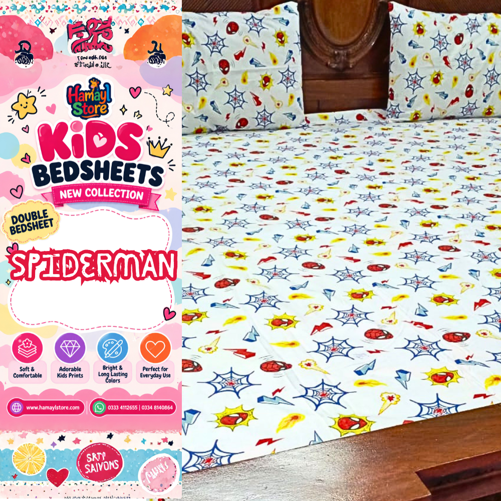 Spiderman Kids Double Bedsheet with 2 Pillow Covers – kids bedsheet
