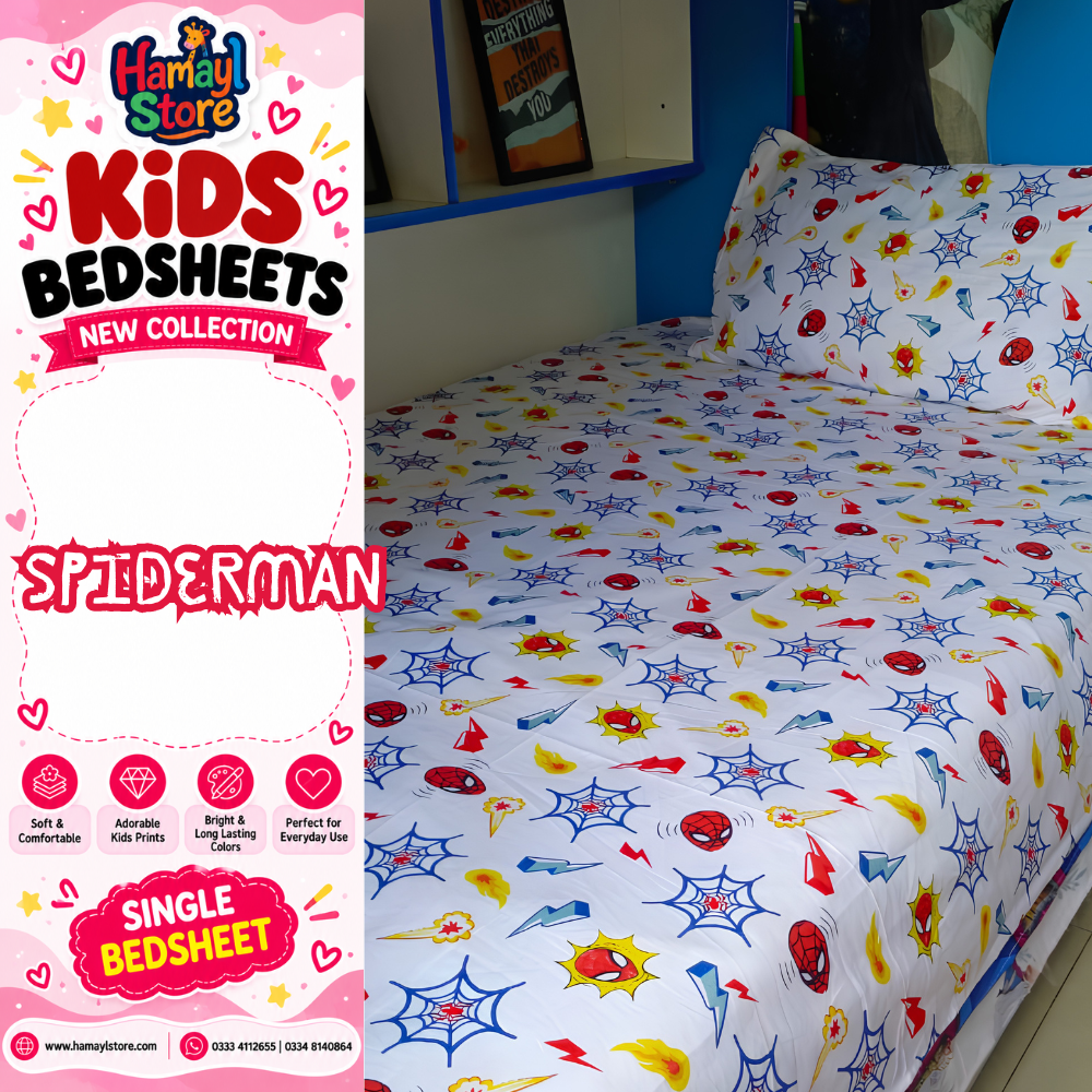 Spiderman Kids Single Bedsheet with 1 Pillow Cover – kids bedsheet