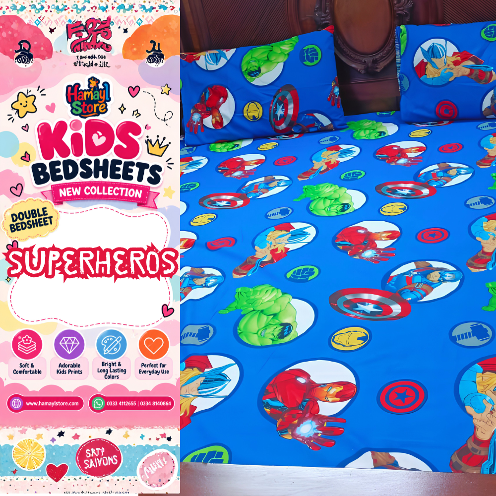 Superhero Kids Double Bedsheet with 2 Pillow Covers – kids bedsheet