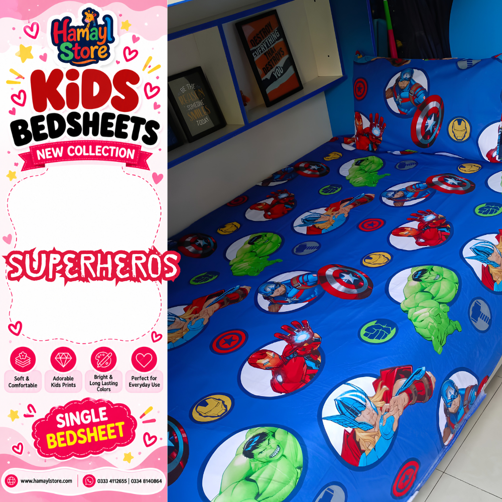 Superhero Kids Single Bedsheet with 1 Pillow Cover – kids bedsheet