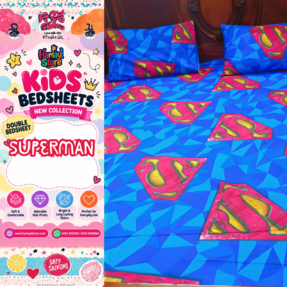 Superman Kids Double Bedsheet with 2 Pillow Covers – kids bedsheet