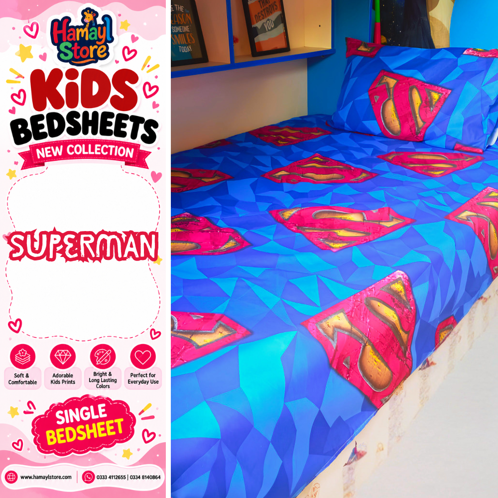 Superman Kids Single Bedsheet with 1 Pillow Cover – kids bedsheet
