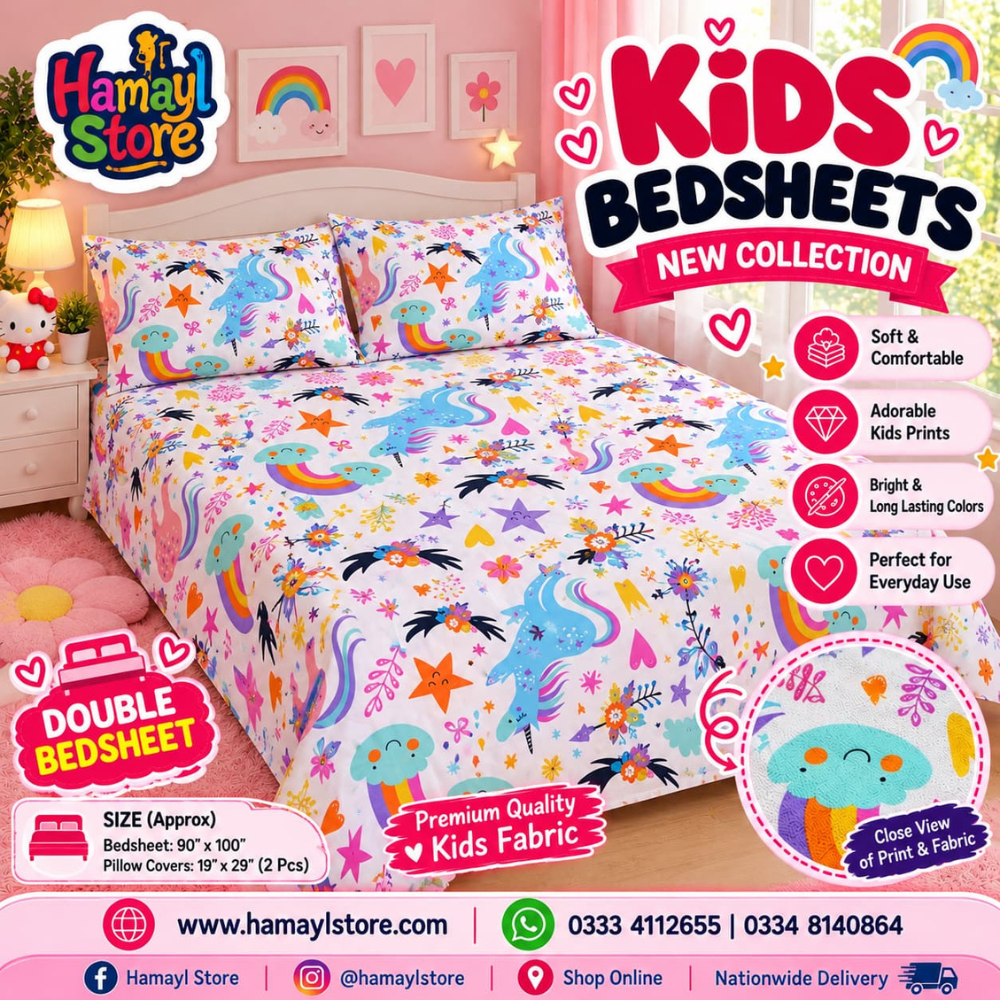 Unicorn World Kids Double Bedsheet with 2 Pillow Covers – kids bedsheet