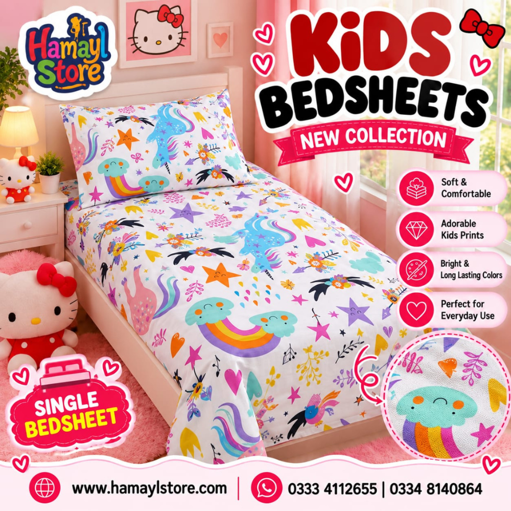 Unicorn World Kids Single Bedsheet with 1 Pillow Cover – kids bedsheet