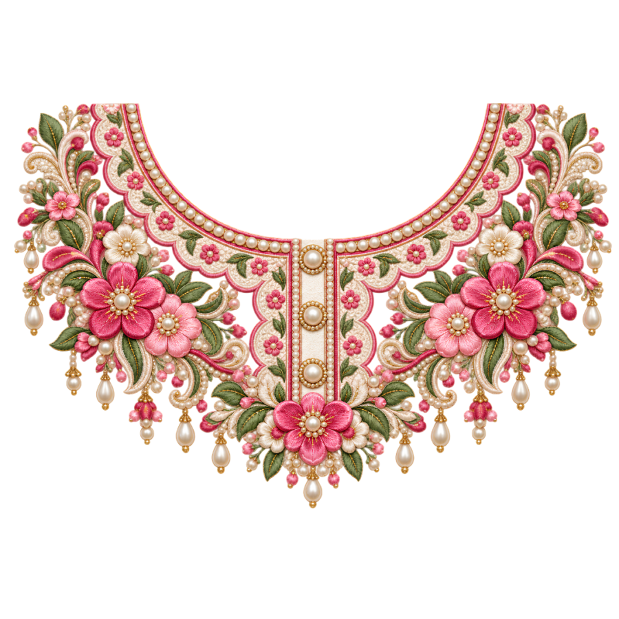 P1018 Kids Neckline Design – Pink Floral Pearl Look 8 Inch