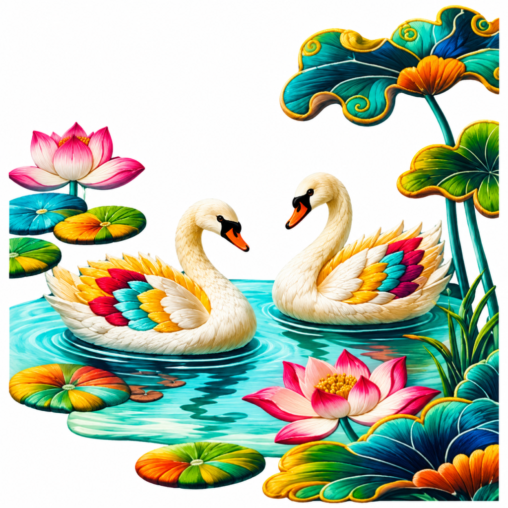Swans Among Colorful Lotus Blooms – P10138 – iron-on heat transfer patch